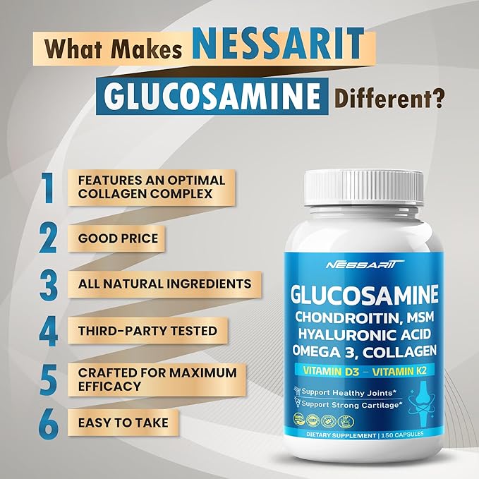 Glucosamine Supplement- 15-in-1 Natural Blend with Chondroitin sulfate Hyaluronic Acid Methylsulfonylmethane Turmeric Ginger Vitamin C, D3-150 Count - Made & Tested in The USA