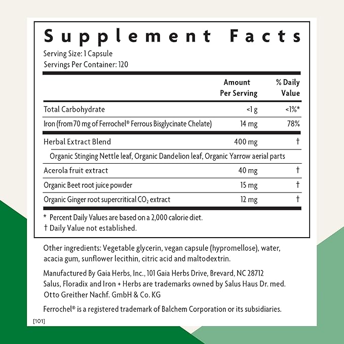 Floradix Iron + Herbs - Iron Supplement for Healthy Energy Support* - Vegan, Non-GMO, Gluten-Free, Soy-Free - 120 Liquid Phyto-Caps