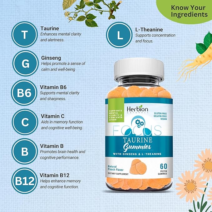 HERBION Naturals Taurine Gummies with Ginseng, L-Theanine, Vitamin C, B3, B6, & B12, Support Mental Clarity & Concentration*, Natural Peach Flavor, Gluten-Free, USA Made, 60 Gummies