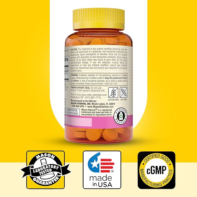 Mason Natural Slow-Release Iron (Ferrous Sulfate) 50 mg Tablets, 180 Day Supply, High Potency Supplement, Gentle on Stomach, 1-Pack