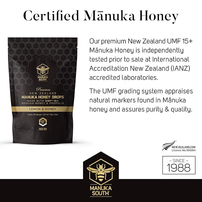 Manuka Honey Drops UMF 15+ / MGO 514+ & Propolis Drops Made in New Zealand – Natural Ingredients – Soothing Drops – Lemon & Honey Flavor - 25 Drops