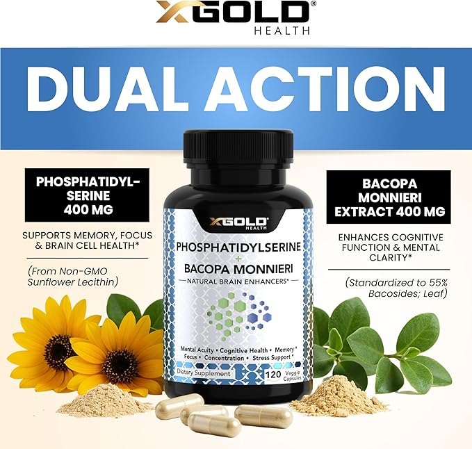 PhosphatidylSerine & Bacopa Monnieri 400 mg 2 in 1 Supplement - Natural Brain Enhancer/Nootropic for Enhanced Focus and Concentration, Memory Support, & Cognitive Function - 120 Vegetarian Capsules