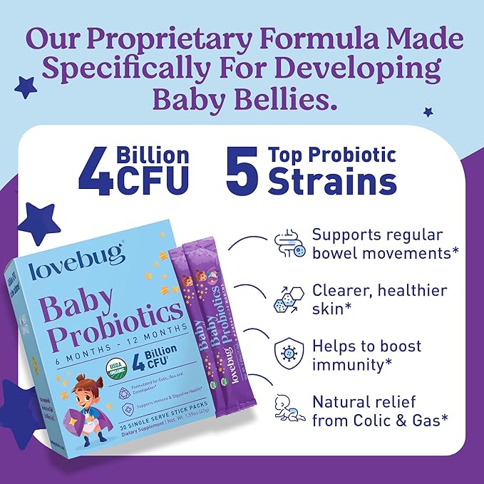 Lovebug Award Winning USDA Organic Probiotic for Babies | Multi-Strain 4 Billion CFU | Easy-to-Take Powder | Sugar Free | Ages 6-12 Months | 30 Packets