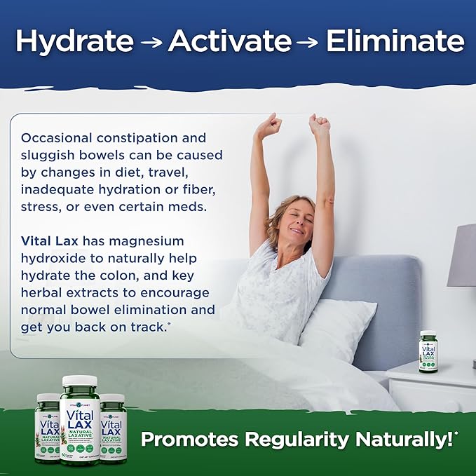 Vital Planet - Vital Lax Natural Laxative Cleanse Supplement for Occasional Constipation, with Magnesium Hydroxide, Slippery Elm, Aloe, and Triphala to Support Bowel Regularity 60 Capsules