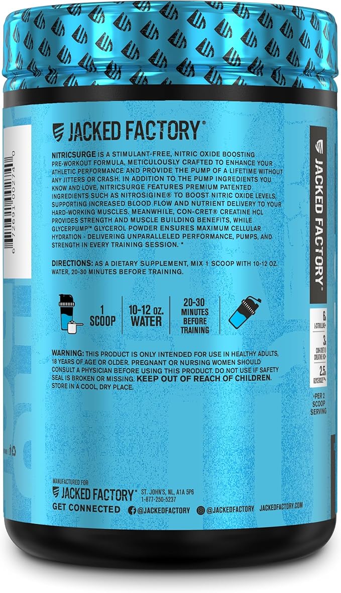 Jacked Factory Nitric Surge Stim Free Pre Workout Powder - Caffeine-Free Nitric Oxide Supplement w/Con-Cret Creatine, L Citrulline, & GlycerSize Glycerol - Blue Raspberry, 30 Servings