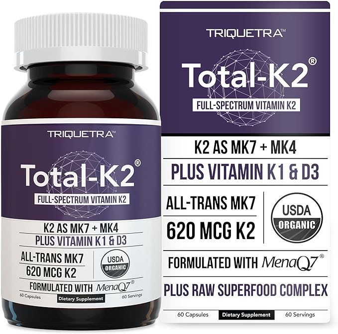 Total K2® | Vitamin K2 as MK7 & MK4 | Plus K1 & Vitamin D3 Cofactor - 620 mcg K2 per Serving - All-Trans MK7 from MenaQ7® - Full-Spectrum Vitamin K - Vegan, Organic Certified (60 Capsules)