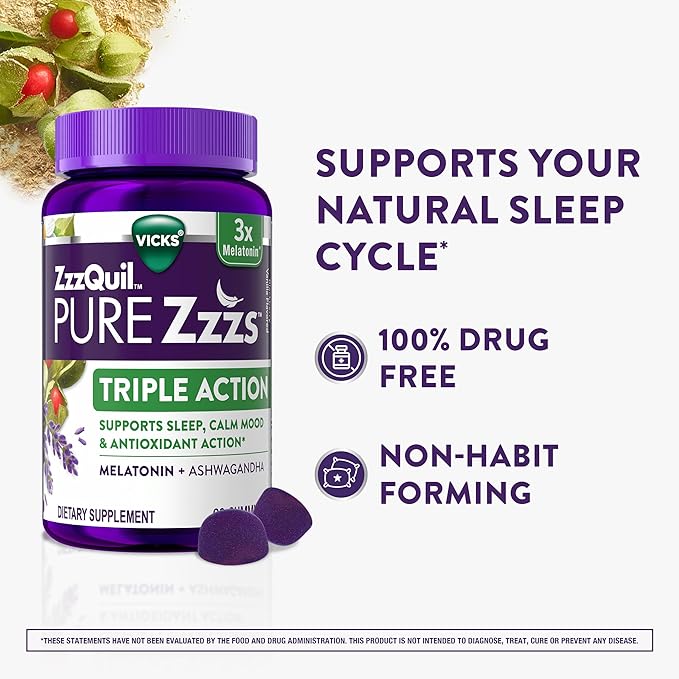 ZzzQuil PURE Zzzs Triple Action, Melatonin Gummies, Melatonin 6mg, 3X Melatonin, Sleep Aid with Ashwagandha, Calm Mood, Antioxidant Action, Sleep Aids for Adults, 60 Sleep Gummies