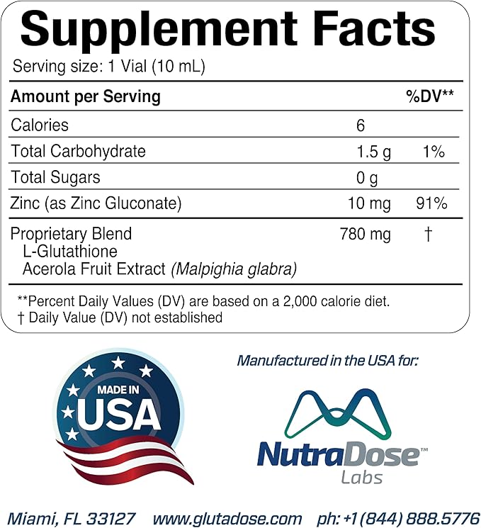 GlutaDose Liquid Glutathione Supplement, Every Day Immune Support Supplements for Adults, Cellular Detox, Antioxidant - Acerola Energy Booster w/Zinc, L-Glutathione Supplement in Liquid Vials - 60PK