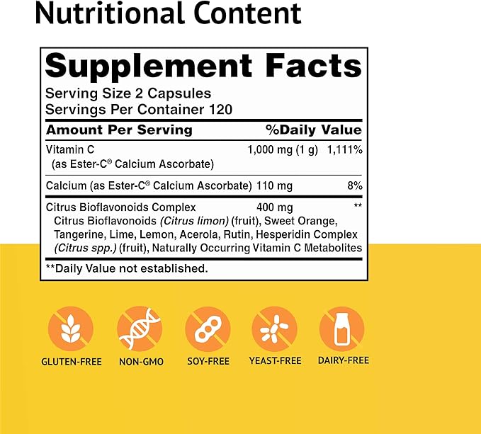 American Health 500 mg with Citrus Bioflavonoids Capsules Gentle On Stomach NonAcidic Vitamin C NonGMO Gluten Free 120 Servings, Ester-C, 240 Count