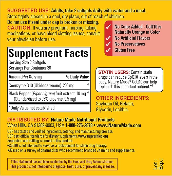 Nature Made CoQ10 200mg per Serving with Black Pepper Extract for Enhanced Nutrient Absorption, Heart Health Support, 60 Softgels, 30 Day Supply