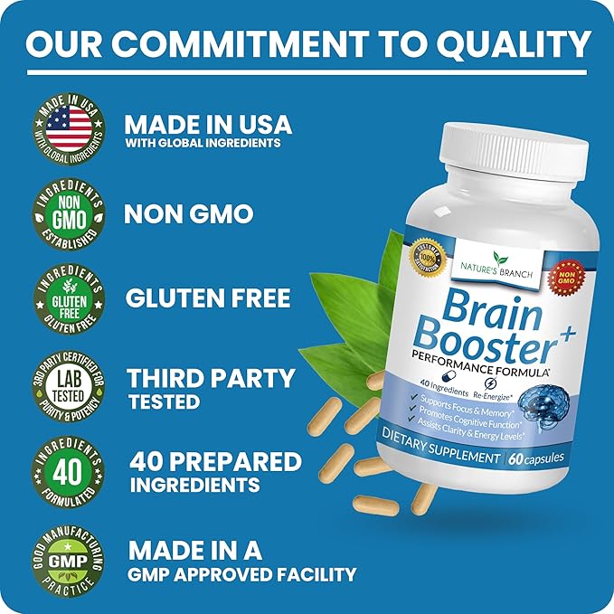 40-in-1 Brain Booster Supplement for Focus, Memory, Clarity, Energy | Advanced Vitamins Plus eBook | for Men & Women, Cognitive Function Nootropic Support with DMAE, Mind Health Formula | 60 Capsules
