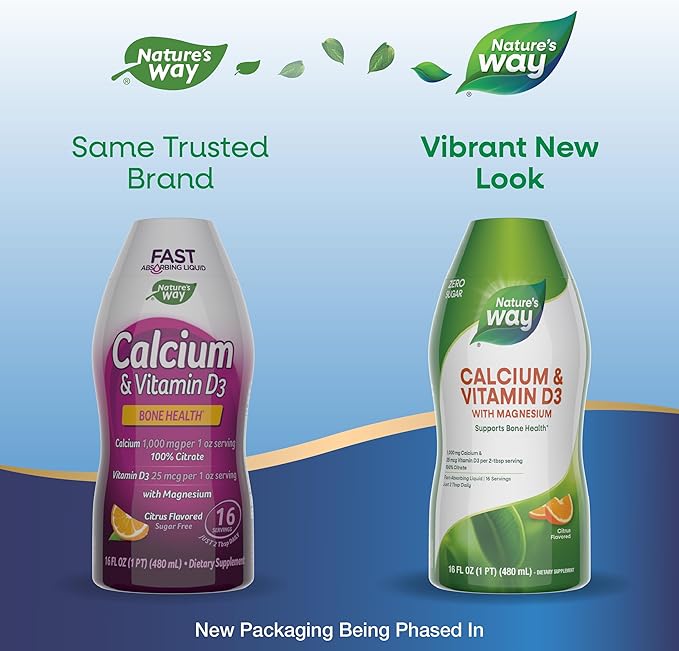 Nature's Way Calcium & Vitamin D3 with Magnesium Liquid Supplement*, Supports Bone Health*, Fast Absorbing Liquid, Gluten Free, Sugar Free, Citrus Flavored, 16 Fl Oz (Packaging May Vary)