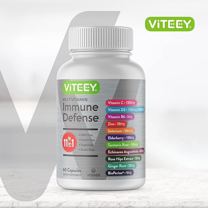 Viteey 11 in 1 Multivitamin Immune Defense Supplement - Immune Booster Capsules with Vitamin D3, Vitamin B6, Echinacea, Turmeric, Rose-HIPS, Selenium, BioPerine, Ginger, Elderberry Vitamin C and Zinc