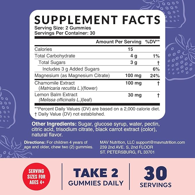 Magnesium Calming Gummies for Children | Strawberry | Relaxation & Natural Wake-Sleep Cycles | Relaxing Magnesium for Kids with Chamomile & Lemon Balm | Non-GMO, Gluten-Free | Calm Gummies 60ct