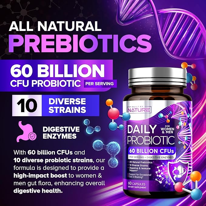 Built by Nature Probiotic for Women & Men – 60 Billion CFU, 10 Strains + Prebiotics & Digestive Enzymes – Supports Digestive, Immune, Reduce Gas & Bloating – Shelf Stable, Non-GMO - 60 Capsules
