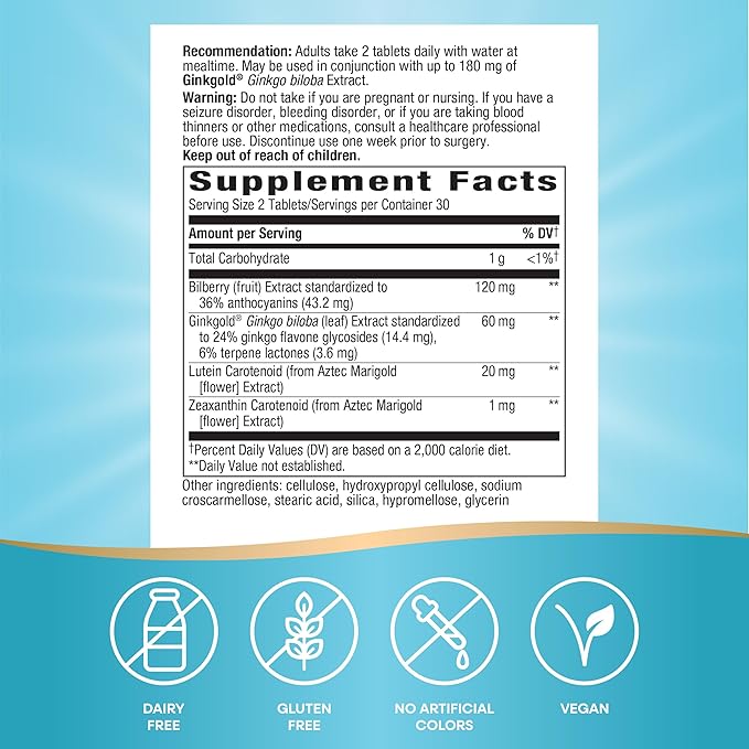 Nature's Way Ginkgold Eyes, Gingko Biloba Supplement for Adults, Supports Eye Health*, Gluten Free, 60mg Ginkgo Biloba Extract Per 2-Tablet Serving, 60 Tablets
