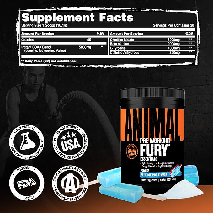 Animal Fury Pre Workout Powder – Blue Ice Pop, 350mg Caffeine, BCAA Amino Acids, 2g Beta Alanine, Citrulline & Tyrosine, Energy, Focus, Strength, Endurance, Preworkout for Men & Women, 30 Servings