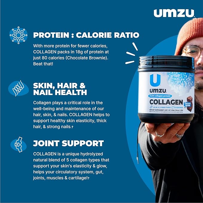 UMZU ZuCollagen Hydrolyzed Protein Powder | 5 Collagen Peptide Types for Healthy Hair, Skin, Nails, Joints & Gut | Low Calorie, High Protein (20g Protein per Serving | Chocolate)