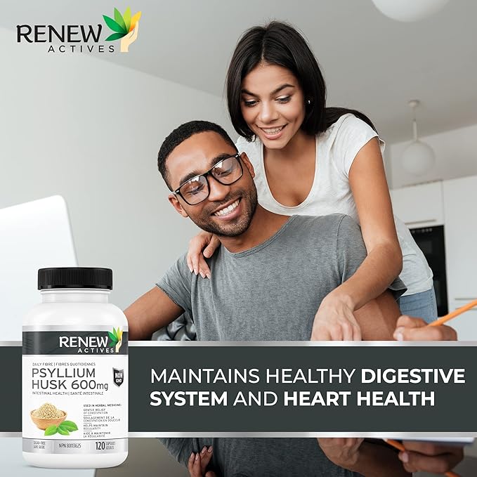 Renew Actives Psyllium Husk 1200MG per 2 Capsules – Bulk-Forming Laxative & Soluble Fiber for Digestive Health, Regularity & Adult Wellness – Pure Ingredients – Made in Canada – 120 Capsules