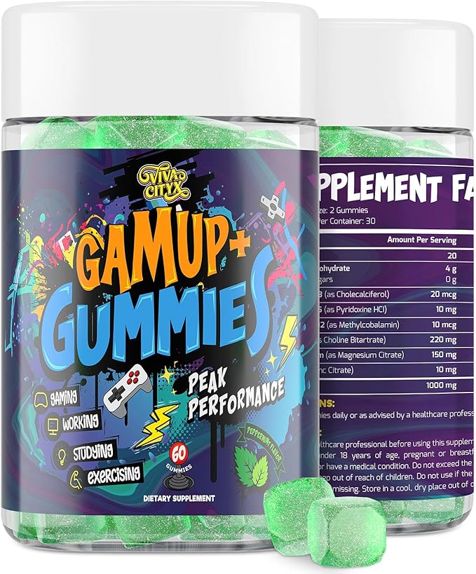 Energy and Focus Gummies - Natural Caffeine Nootropics Supplement - Brain, Eye, and Bone Complex - Sugar-Free Peppermint - for Gamers, Workers, and Active Lifestyles - 60 Gummies