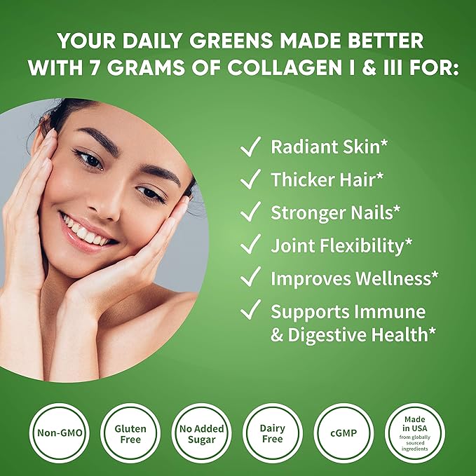 Health Logics Glowing Greens Superfood Powder with Collagen Peptides, Digestive Enzymes, Prebiotics and Probiotics – Antioxidant, Improve Wellness, Immune, Digestive and Gut Health Support