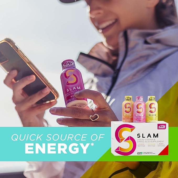 AdvoCare Slam Variety Pack - Liquid Vitamin & Amino Acid Supplement - Contains Vitamin B-12, B-6, Folic Acid & More - Orange, Berry & Lemonade - 12 Bottles