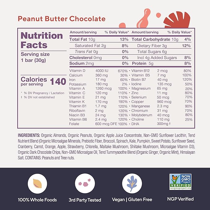 Daily Tend Best Prenatal Vitamin Bar, Made with Organic Ingredients for Pregnant & Postpartum Mothers, Includes DHA, Vitamin D, Folate, Sunflower Lecithin, Peanut Butter Chocolate Flavor (7 ct)