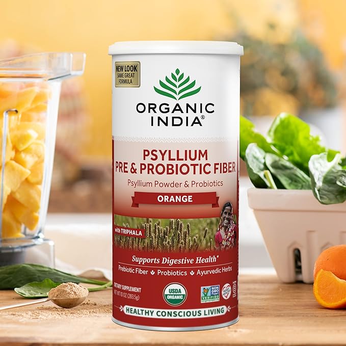 ORGANIC INDIA Psyllium Husk Powder - Pre & Probiotic Fiber Supplement, Organic Psyllium Husk Fiber Supplement with Whole Psyllium Husk, Dietary Fiber, USDA Organic, Vegan, Gluten Free - Orange, 10 Oz