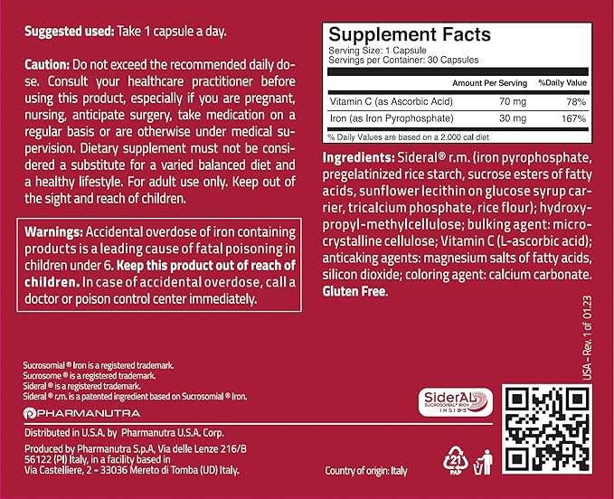 SiderAL® Forte 30mg Iron Supplement with Vitamin C | Gentle on Stomach, High Absorption | High Strength for Energy, Deficiency, Anemia or Recovery | Vegan-Friendly and Gluten-Friendly | 30 Capsules