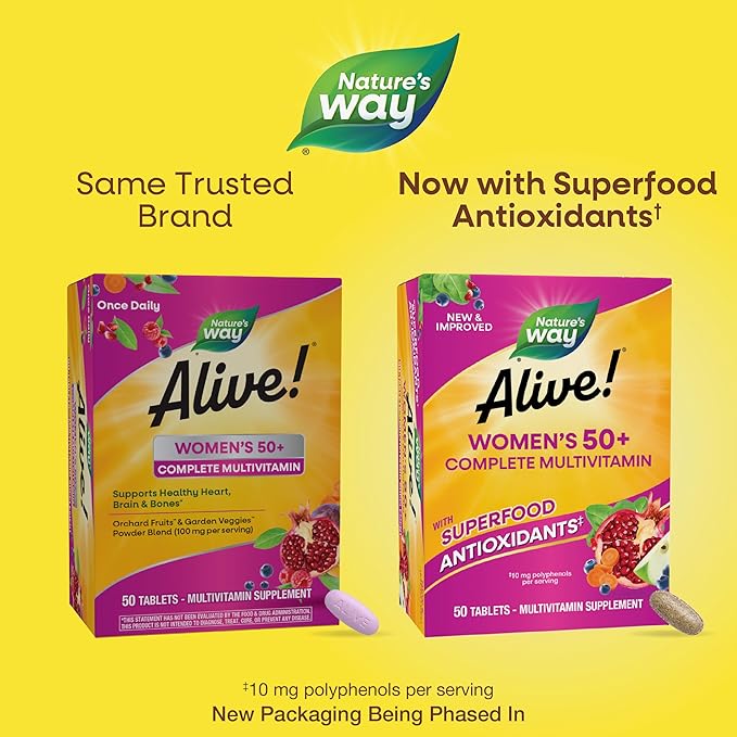 Nature's Way Alive! Women's 50+ Complete Multivitamin, Supports Healthy Heart, Brain, Bones*, Superfood Antioxidants(1), B-Vitamins, Gluten-Free, 50 Tablets (Packaging May Vary)