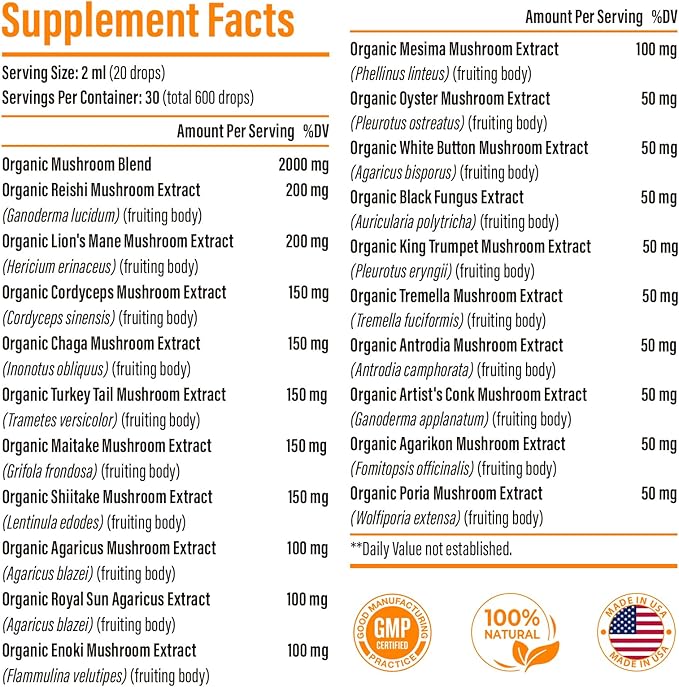 Liposomal Mushroom Complex Drops 2000 MG - 20 Organic Mushroom Extracts - Advanced Liquid Formula for Immunity, Cognitive and Memory - Lions Mane Supplement, Reishi, Cordyceps, Chaga, 300 Servings
