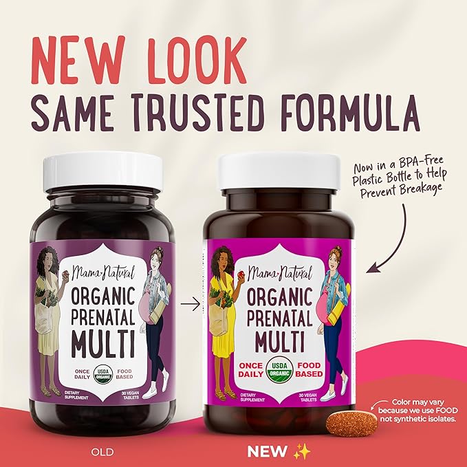 Mama Natural Organic Prenatal Vitamins for Women Vegan (30 Servings) | One A Day Prenatal Vitamins for Pregnant Women | Food Based, Non-GMO & Gluten-Free - Pre Natal Multivitamin with Folate