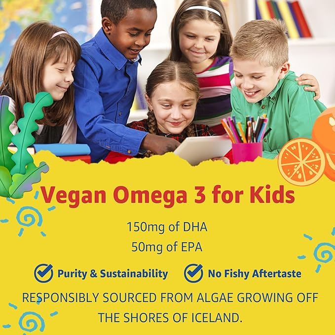 Sugar Free Kids Multivitamin Gummies (Made in USA) with Iron, Probiotics, Vegan Omega 3 (EPA/DHA), Kids Daily Vitamins A, C, D, B Complex, for Healthy Growth, Boost Immunity, Orange Flavor, 120 Count