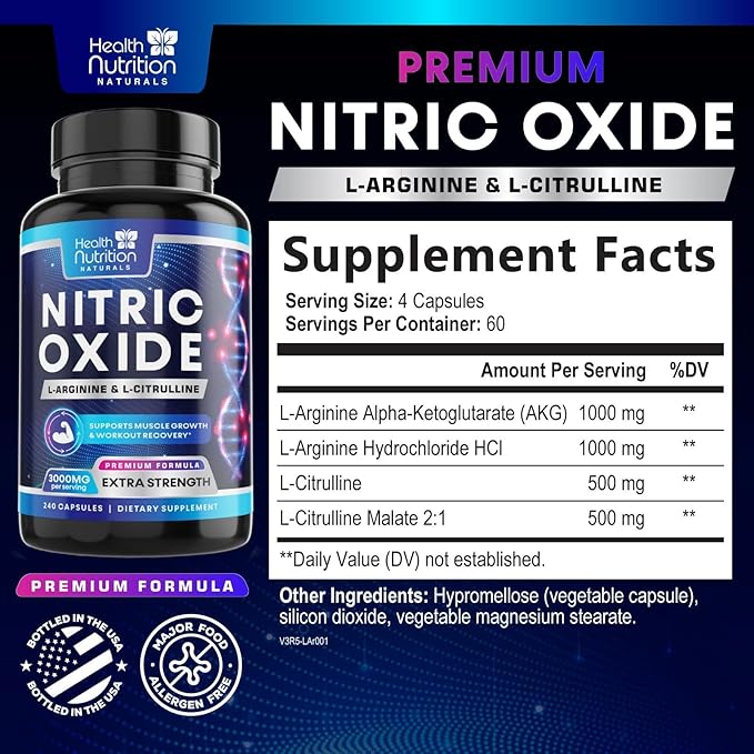 Extra Strength Nitric Oxide Supplement 3X Strength L Arginine, Citrulline Malate, AAKG, Beta Alanine - Premium Muscle Supporting Nitric Booster - Natural Energy & Heart Health Support - 240 Capsules