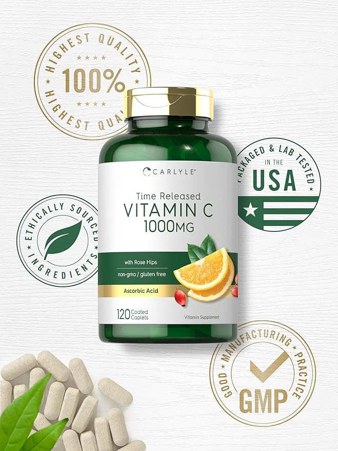 Carlyle Vitamin C 1000mg | 120 Caplets | with Rose HIPS | Supplement for Women and Men | as Ascorbic Acid | Time Release | Vegetarian, Non-GMO, and Gluten Free