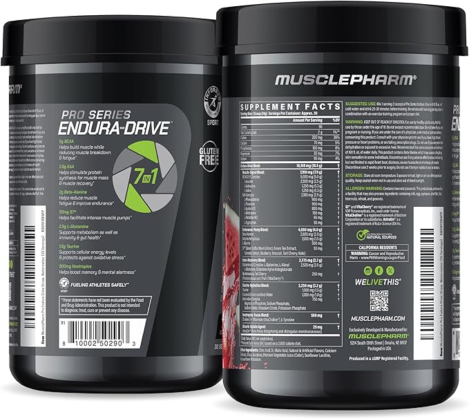 MusclePharm Pro Series ENDURA-DRIVE Pro-Grade Amino Acids Complex with Nootropics | Stim Free Intra Workout & Pre Workout Powder for Endurance & Recovery | Strawberry Watermelon, 1.6 lbs. 30 Servings