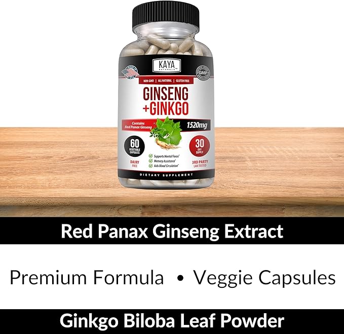 Kaya Naturals Red Panax Ginseng + Ginkgo Biloba - Nootropic Brain Supplement - Cognitive and Concentration Support - Brain Booster, Focus, and Memory Supplement - 60 Capsules