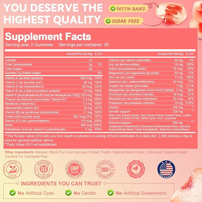 Sugar Free Multivitamin Gummies for Women 14+ w/Iron, Inositol, Folate, Biotin, Womens Daily Multivitamin Gummy w/Vitamin A, C, B, D3, K2, for Hair, Skin, Energy, Immune, Peach Flavor