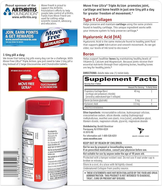 Move Free Type II Collagen, Boron & HA Ultra Triple Action Tablets, Move Free (75 Count In A Bottle) 1 ea
