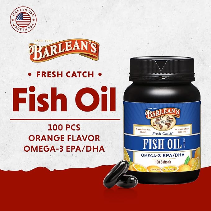 Barlean's Fish Oil Omega 3 Supplement, EPA and DHA Fatty Acid Softgels, 1000mg Orange Flavored Fish Oil Pills, 100 Count
