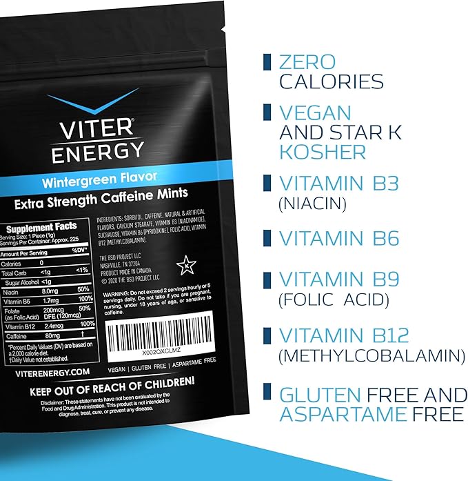 Viter Energy Extra Strength Caffeinated Mints 80mg Caffeine, B Vitamins, Sugar Free. (Wintergreen, 8oz, Bulk Bag)