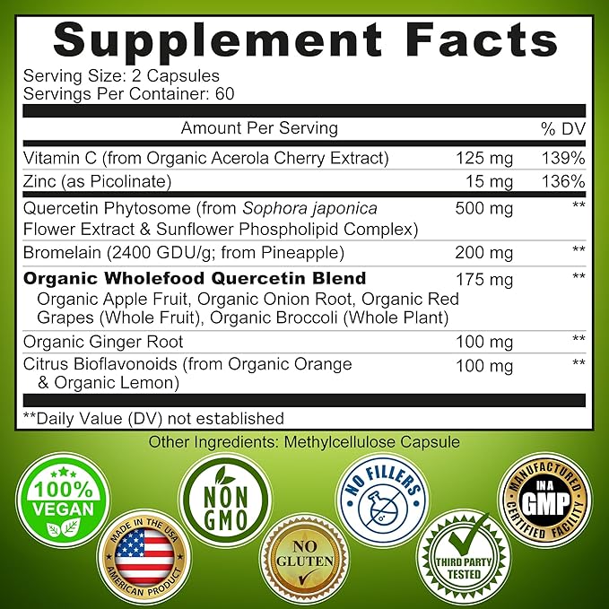 Quercetin with Bromelain Vitamin C and Zinc Enriched with Organic Whole Foods - 1215mg per Serving - Quercetin Phytosome 500mg Capsules with Ginger and Flavonoids for Immune Support - 120 count