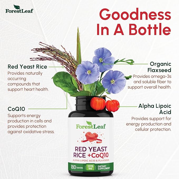 ForestLeaf Red Yeast Rice with CoQ10 Supplement - 1215mg Extra Strength Red Yeast Rice Capsules with Alpha Lipoic Acid & Organic Flaxseed, Citrinin Free - 180 Capsules