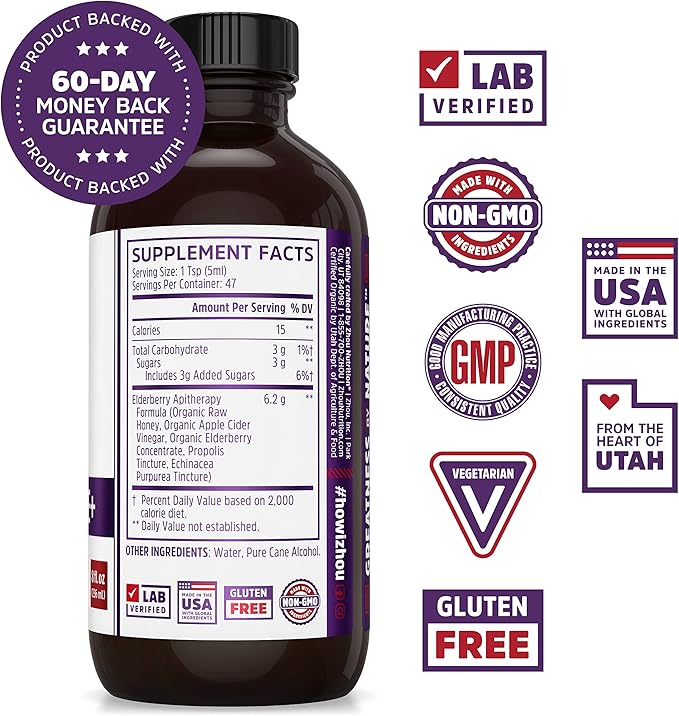 Zhou Nutrition Elder-Mune+ Syrup - Organic Black Elderbery Syrup for Adults, Immune Support Elixir with Apple Cider Vinegar, Echinacea Tincture, Natural Wellness - 8 Fl Oz Glass Bottle