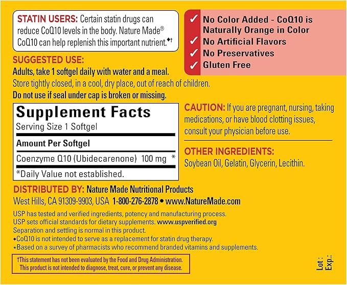 Nature Made CoQ10 100mg, Dietary Supplement for Heart Health Support, 120 Softgels, 120 Day Supply