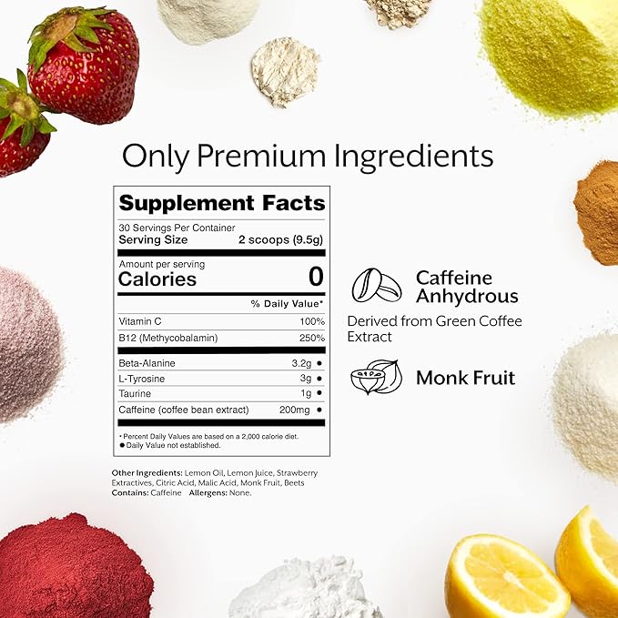Promix Pre-Workout Powder, Strawberry Lemon – Boosts Focus, Energy & Endurance – With Caffeine, B12, Beta-Alanine & L-Tyrosine – Gluten & Dairy-Free, 10.5 oz