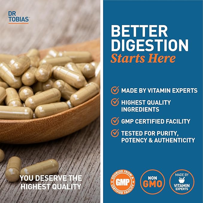 Dr. Tobias Digestive Enzymes with Probiotics, Prebiotics and Postbiotics Bromelain, Amylase, Lipase, for Better Digestion & Immune Function, 120 Capsules 60 Servings (2 Daily)