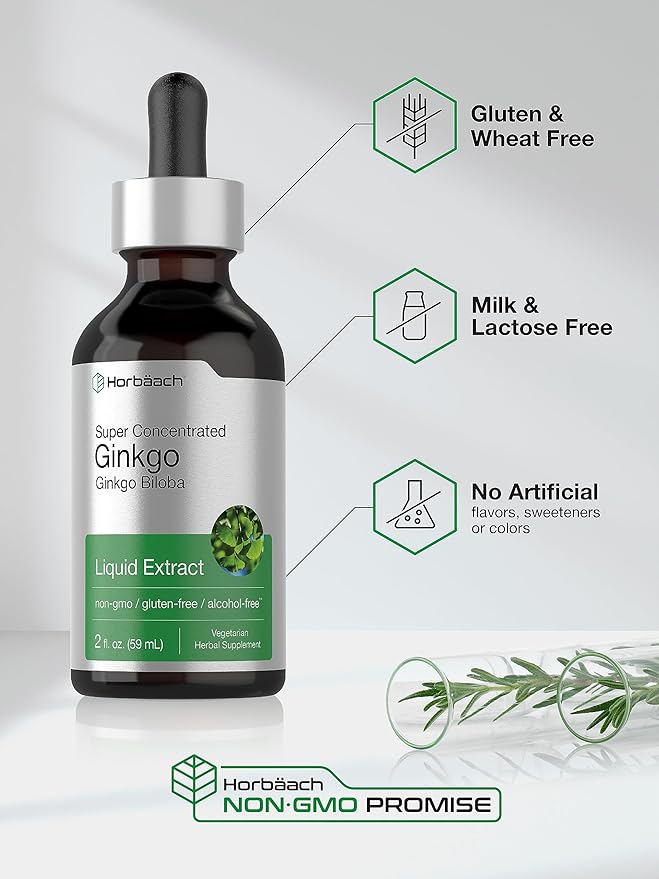 Horbäach Ginkgo Biloba Extract Liquid 2 fl oz | Alcohol-Free Herb Supplement | Vegetarian, Non-GMO, Gluten Free
