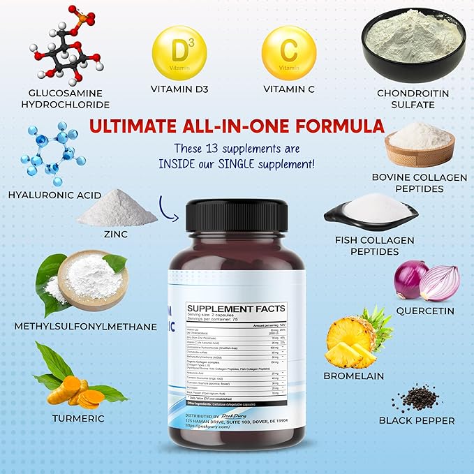 Glucosamine Chondroitin MSM Collagen Turmeric - Joint Health Support- Made in USA