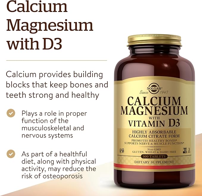 Solgar Calcium Magnesium with Vitamin D3, 300 Tablets - Promotes Healthy Bones, Supports Nerve & Muscle Function - Highly Absorbable Form - Non-GMO, Gluten Free, Dairy Free, Kosher - 60 Servings